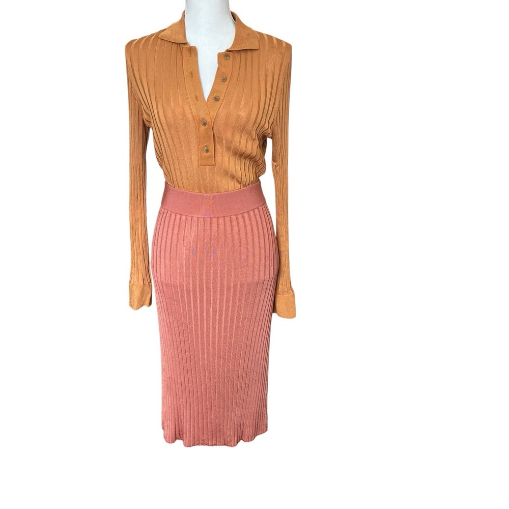 PARTOW Ribbed Knit Polo Shirt Set Brown Pink XS Made in Italy - Picture 2 of 16